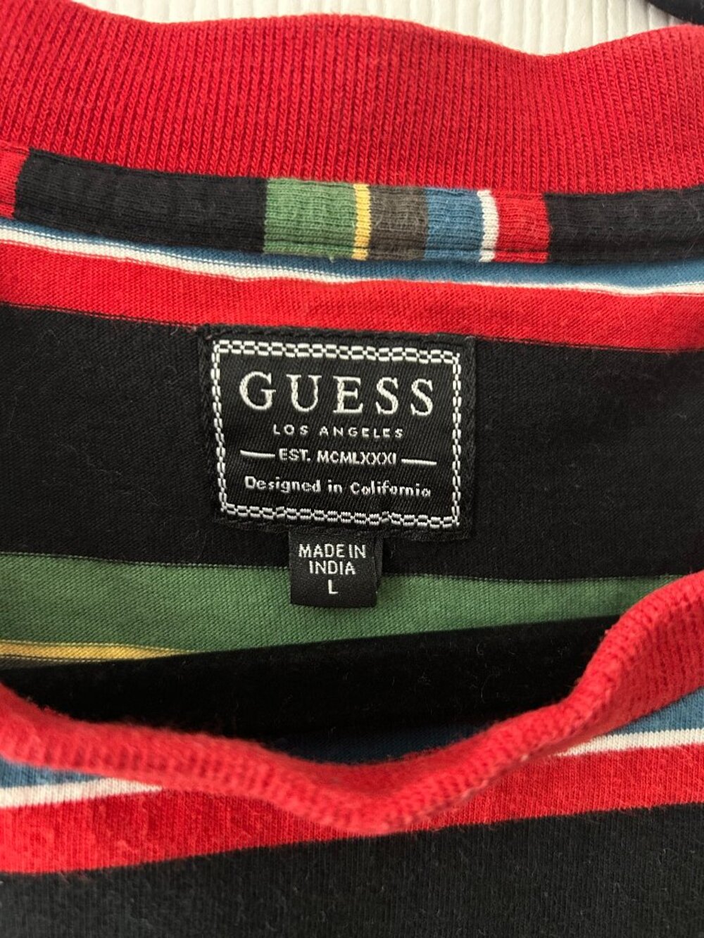 Guess Los Angeles Y2K Striped T Shirt Mens L Embroidered Logo Black Red Green - Picture 3 of 11